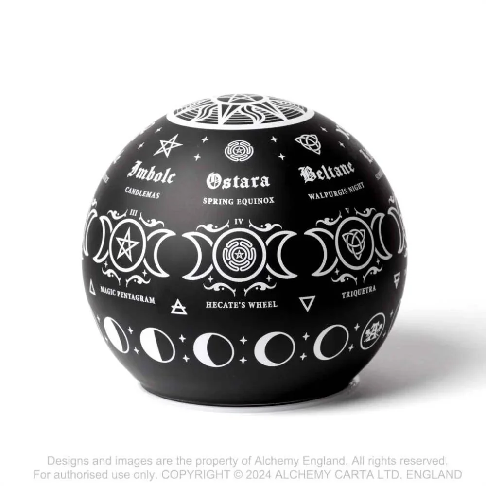 Alchemy Gothic Pagan Calendar LED Globe Light Black Glass Etched Symbols NIB